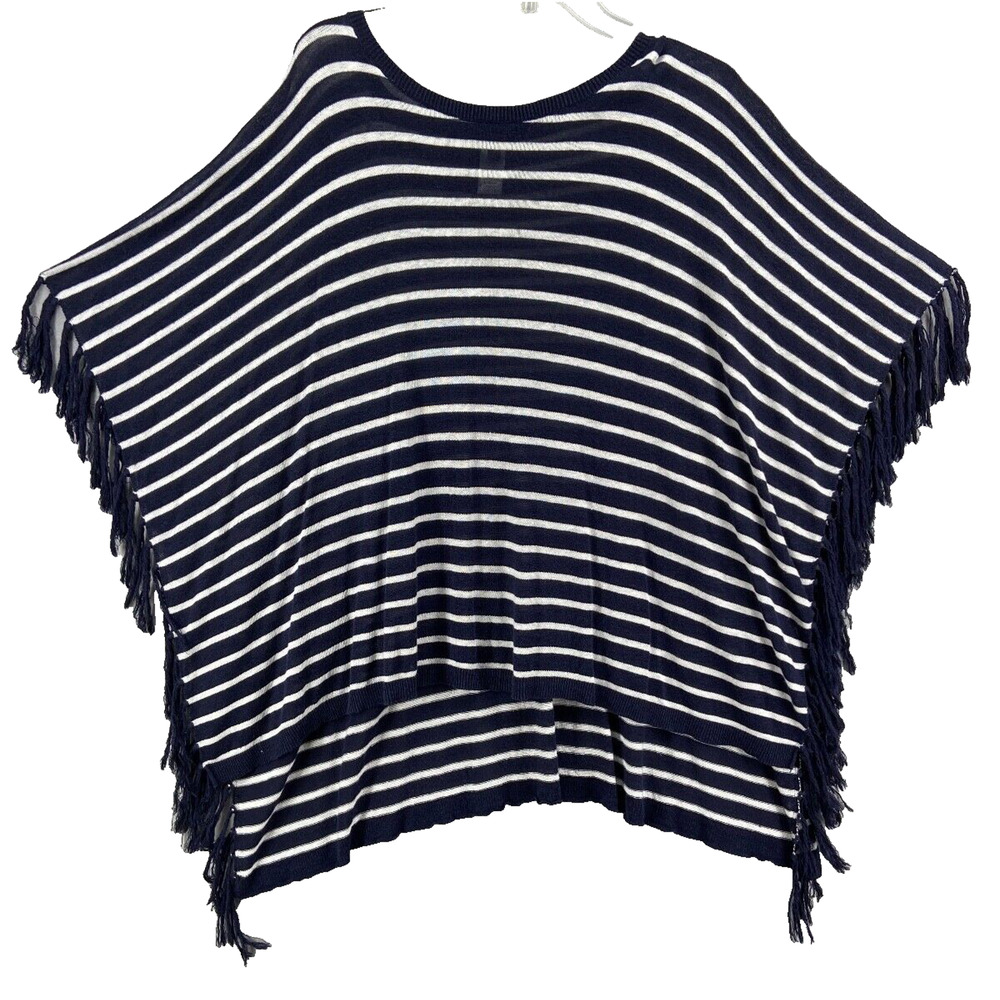 Talbots Shawl Poncho Womens Sz Medium Blue Striped Fringe‎ Linen Open Sides